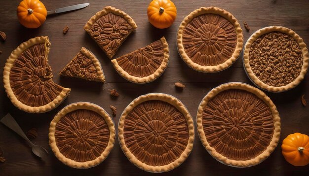 Traditional fall Thanksgiving pies variety of slices arranged into circle pumpkin crumb and pecan pie overhead on a rustic wooden table