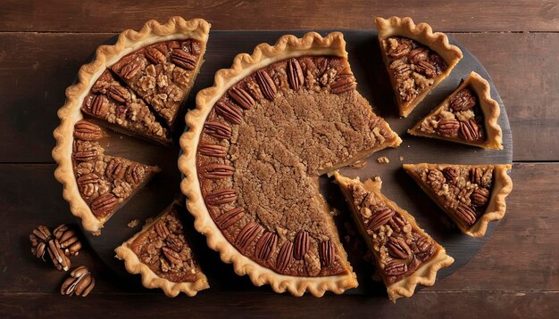 Photo traditional fall thanksgiving pies variety of slices arranged into circle pumpkin crumb and pecan pie overhead on a rustic wooden table