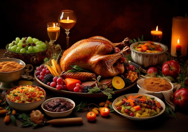 上から木のテーブルで提供される伝統的な家族の感謝祭のディナー