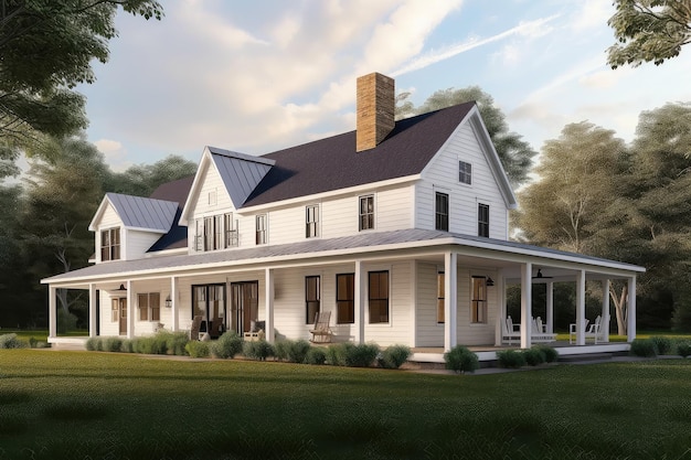 Photo traditional farmhouse with its rectangular windows wraparound porch and classic siding