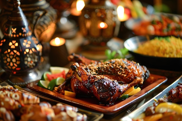 Photo traditional feast with roasted chicken and dates illuminated by lanterns