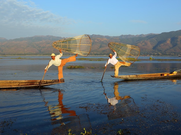 Traditional fishermen at Inle lake in Myanmar