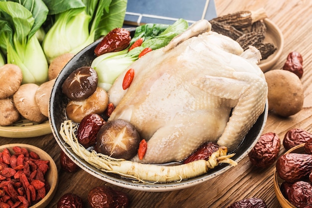 Traditional food-chicken soup with ginseng,