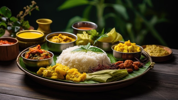 Photo traditional food onam sadya served on festival day onam vegetarian meal with rice and curries