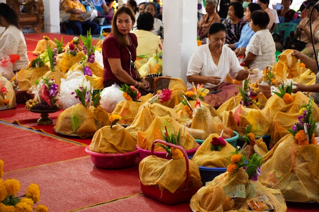 Traditional food and snack of Festival of Tenth Lunar Month or Sat Duan Sip merit offerings to ancestor and Preta hungry ghost at Wat Khuan Maphrao temple on October 12 2023 in Phatthalung Thailand