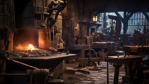 A traditional forge with numerous tools a burning forge furnace and light filtering through a window creating the atmosphere of an oldtime workshop