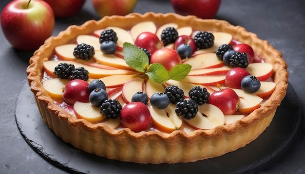 写真 新鮮な果物とベリーで飾られた伝統的なフランスのリンゴケーキ