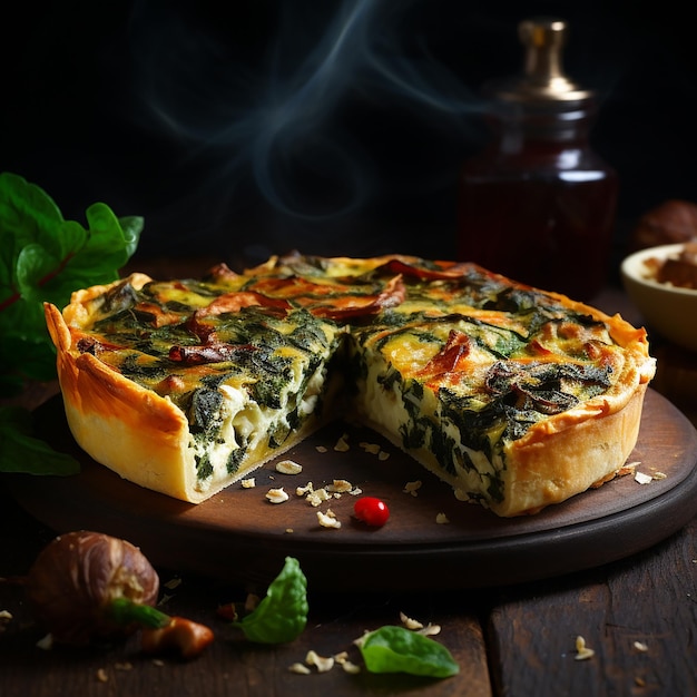 Traditional French Cake Quiche with Chard Dark Background