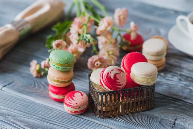 Traditional french colorful macarons in a box