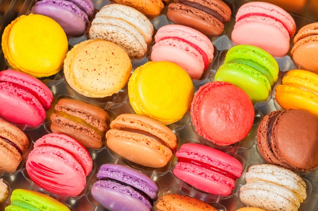 Traditional french colorful macarons in a box