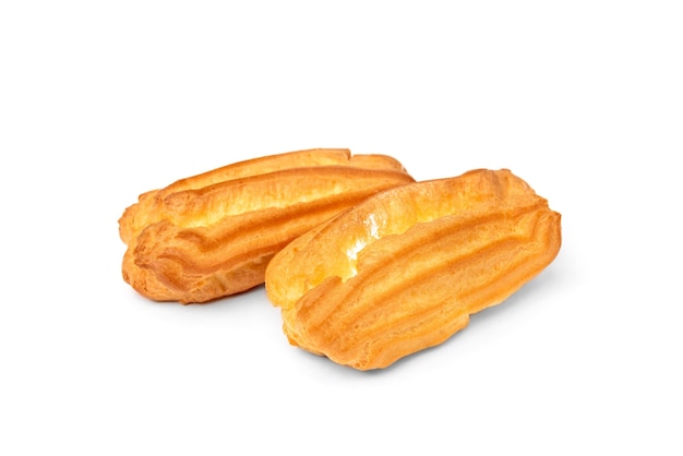 Traditional French eclairs on a white background