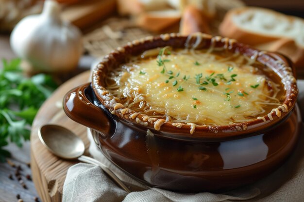 Traditional French onion soup in a pot