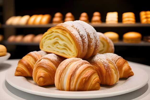 Photo a traditional french pastry showcase with croissants clairs and macarons