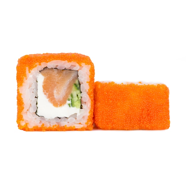 Traditional fresh japanese roll with salmon, nori, philadelphia, tobico  and cucumber, isolated on white. 