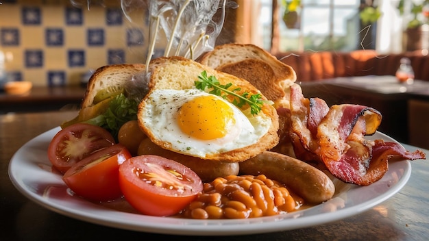 Traditional full english breakfast with fried eggs sausage tomato beans toast and bacon on a pl