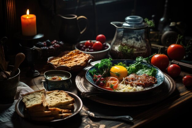 Традиционный английский завтрак с жареными яйцами, колбасами, бобами, жареными помидорами и беконом.