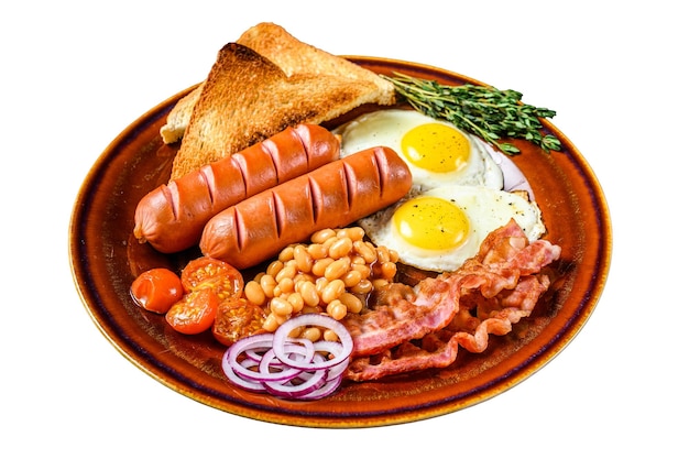 Traditional Full English breakfastt with fried eggs sausages bacon beans and toasts Isolated on white background