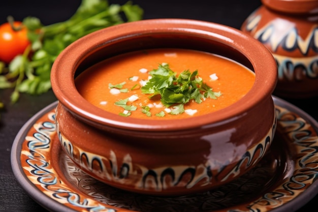 Photo traditional gazpacho served in a ceramic bowl