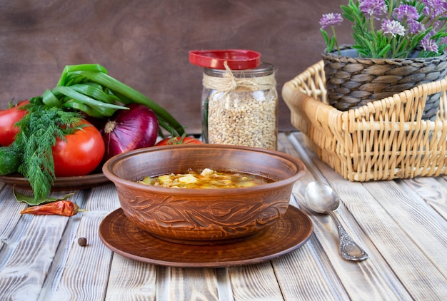 Traditional Georgian Kharcho soup with meat and rice