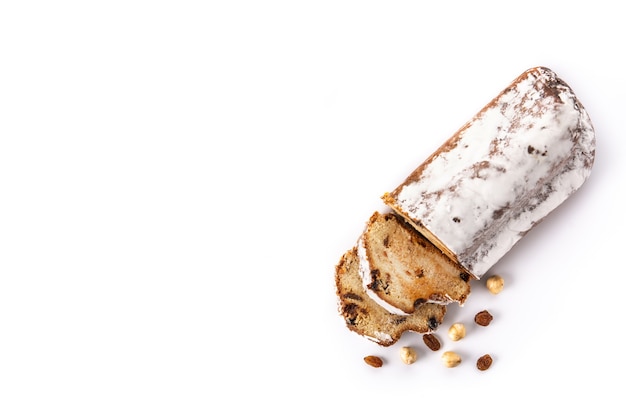 Traditional German Christmas stollen isolated on white background