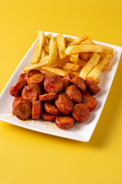 Traditional German currywurst on yellow background. Typical oktoberfest food