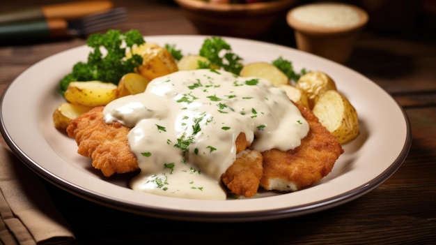 Traditional German pork Schnitzel with cream sauce