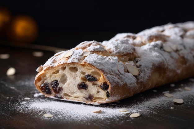 A traditional German stollen with its rich fruitfilled dough and dusting of powdered sugar