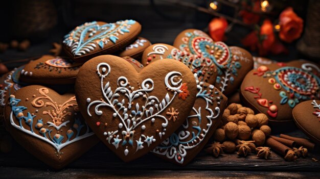 Traditional gingerbread heart cookies for Oktoberfest Generative AI
