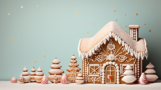 Традиционный пряничный домик домашнего сладкого украшенного рождественского печенья с глазурью