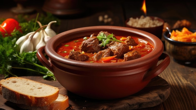 Traditional goulash soup with potatoes and beef meat