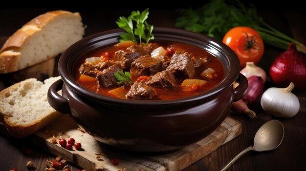 Traditional goulash soup with potatoes and beef meat