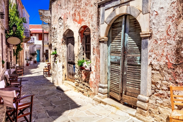 Traditional Greece Typical street cafe bars Halki village Naxos island Cycades