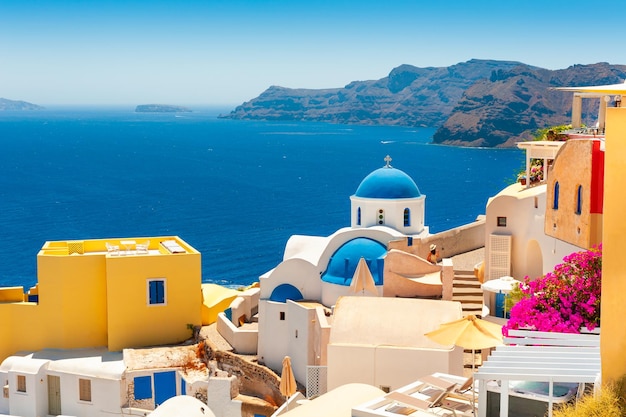 Traditional greek architecture on Santorini island, Greece. Summer landscape, sea view. Famous travel destination