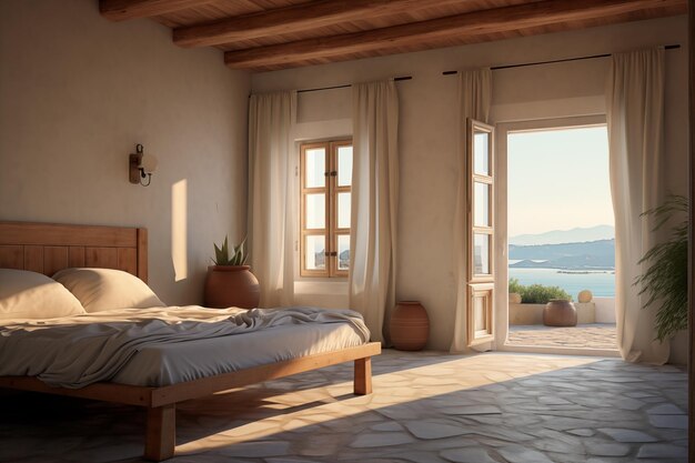 Photo traditional greek villa resort elegant bedroom scene