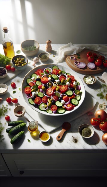 Traditional Greek Village Salad on White Marble Counter