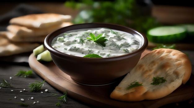 Traditional Greek yogurt dip with cucumber garlic and herbs served with warm pita bread