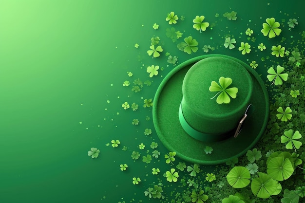 Traditional green hat and clover leaves for patricks day on green generative ai