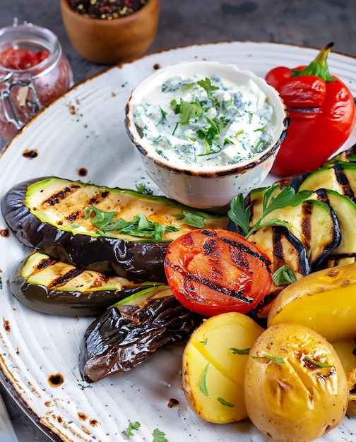 Traditional grilled vegetable with barbecue potatoes an tzatziki served as closeup