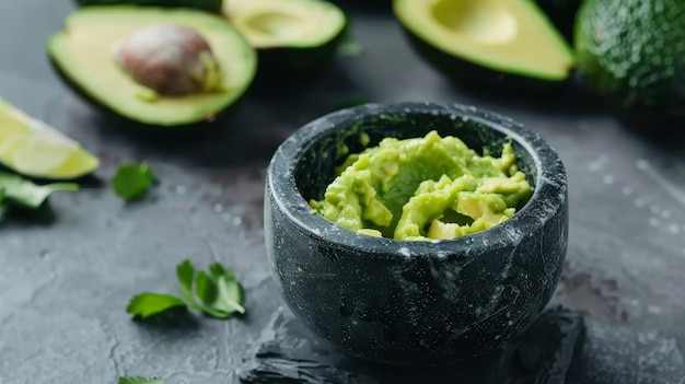 Traditional guacamole served in a rustic stone mortar on a textured background The vibrant green color highlights the freshness of the dish