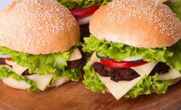 Traditional hamburger on wooden board