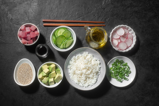 Traditional Hawaiian Poke Bowl prepared with Tuna Fish