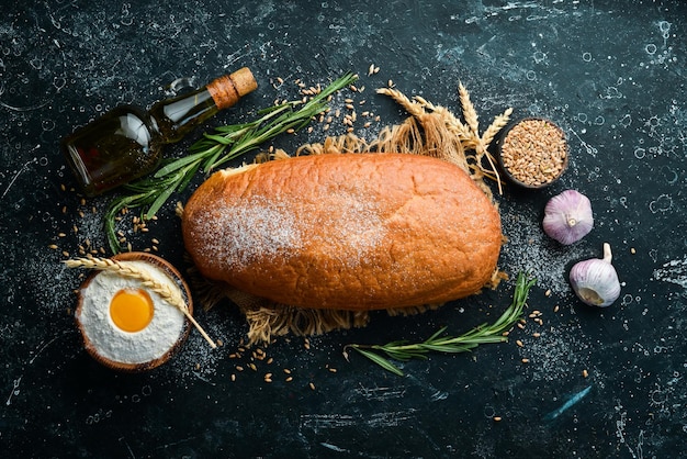 Traditional homemade bread Baking from rye and flour Top view Rustic style