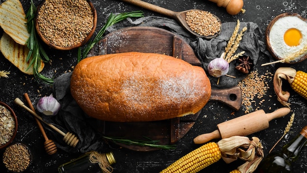 Traditional homemade bread Baking from rye and flour Top view Rustic style