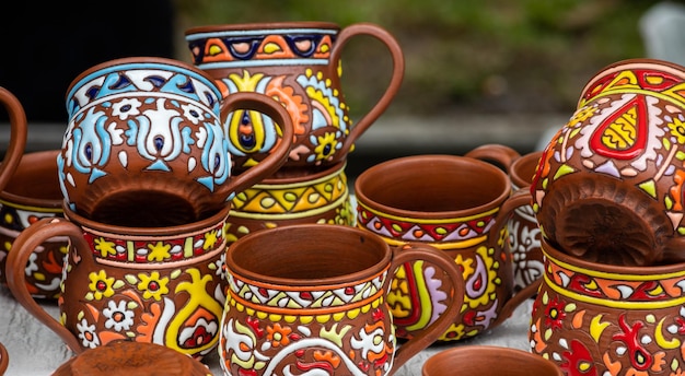 traditional homemade ceramic pots on traditional crafts fair