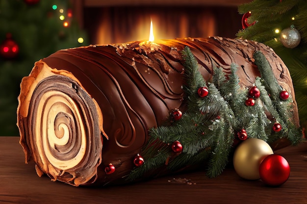 Традиционный домашний рождественский торт «Рождественское полено» или Buche de Noel Generative Ai