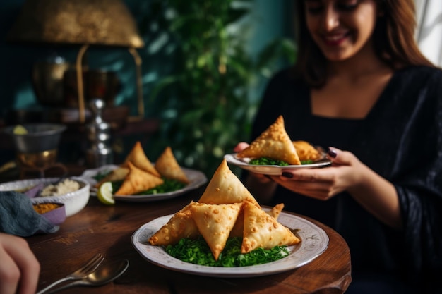 Traditional homemade dinner Woman shares samosa with man