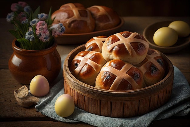 Traditional homemade Hot cross buns for Easter Created with generative ai