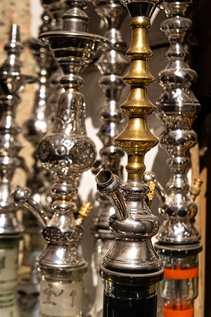 Traditional hookahs or shisha in souvenir shop