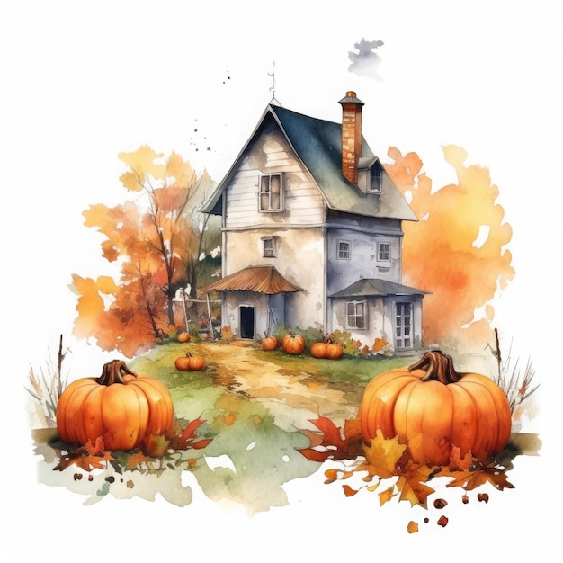 Traditional house in the fall season and around pumpkin On White Background