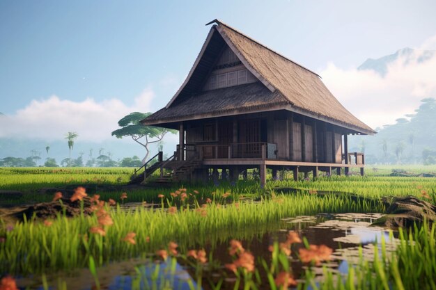 Traditional house in the middle of rice fields